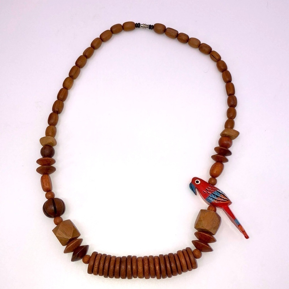 Vintage 70s or 80s Necklace Wooden Hand Painted Parrot Wooden Beads Artsy